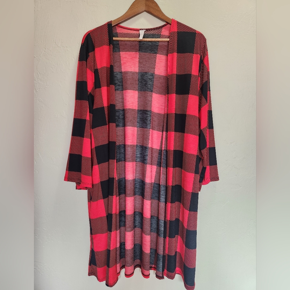 Red and Black Plaid Open Cardigan